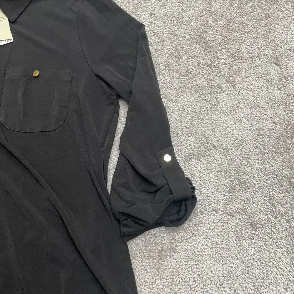 Carmen Marc Valvo 1/2 Zip Blouse Womens Large Black Roll Tab Sleeve Classic NWT - Picture 11 of 13